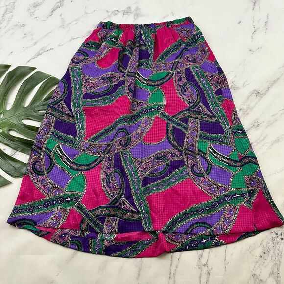 Gianna Womens Vintage 90s Midi Skirt Size 12 Purple Pink Paisley Pleated Satin - Picture 7 of 10